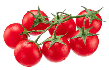Cluster of ripe cherry tomatoes covered with water drops isolated on white background.