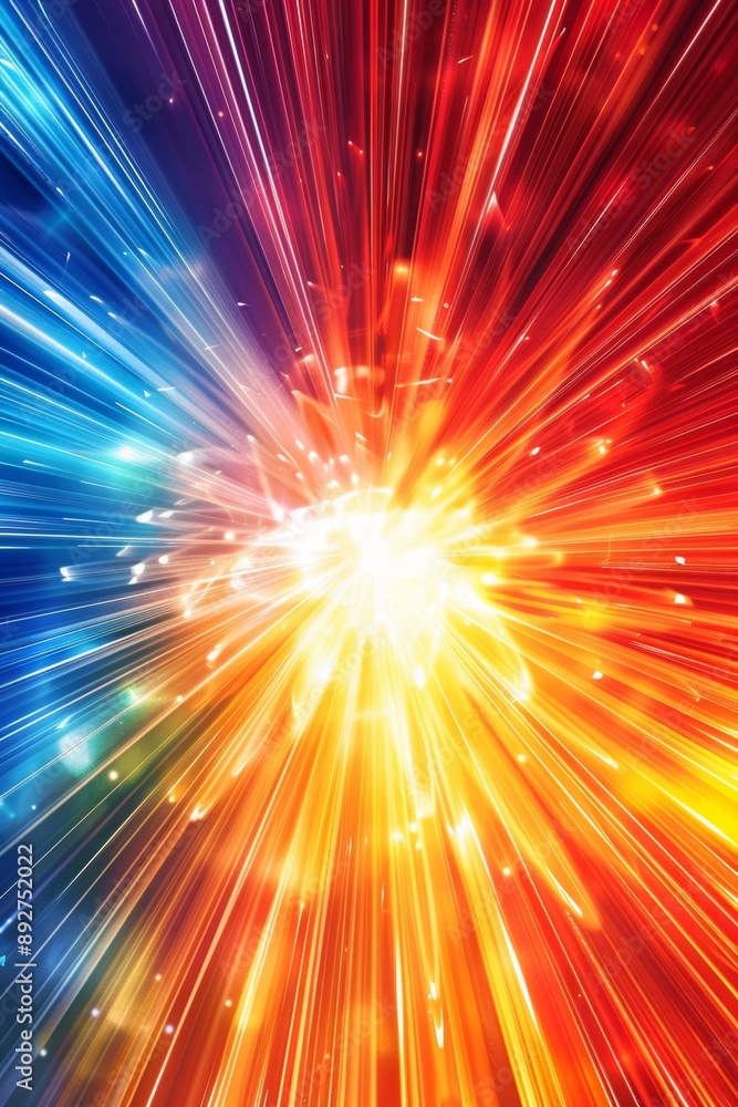 Poster abstract background showing an explosion of light spreading from the center with blue and red rays, 