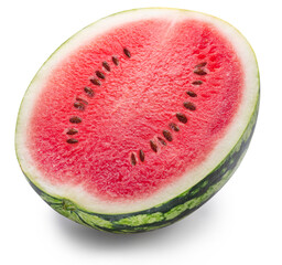 Round striped watermelon cut in half with black watermelon seeds isolated on white background....