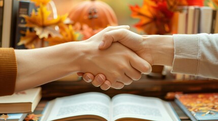 Obraz premium Autumnal Academic Partnership: Two People Shaking Hands Over Book