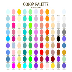Colorful color palette with hex codes for web banner design or site template, or cute stickers and kids illustration. Full color spectrum.