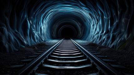 Naklejka premium A ghostly, abandoned railway leading into a dark tunnel depicting worry and sin