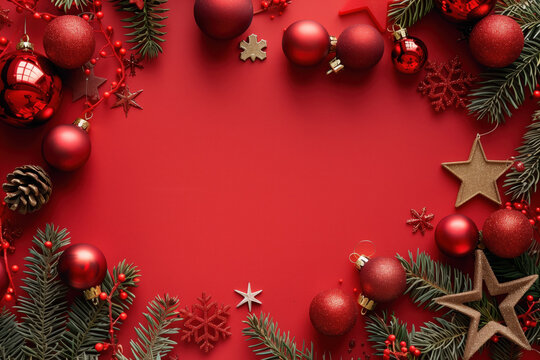 Fundo de Natal com elementos decorativos festivos e tons vermelhos criado com IA generativa, destacando ornamentos, pinhas e ramos de pinheiro
