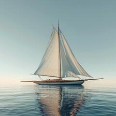 A high-quality stock image of a classic sailboat on a calm sea on a white isolated background. The image portrays tranquility and elegance. AI generation.