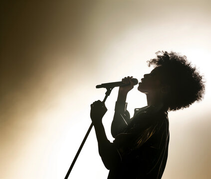 Mulher afro, cantora negra cantando no microfone