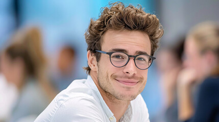 Obraz premium A man with glasses is smiling and looking at the camera. He is wearing a white shirt and he is in a relaxed and happy mood