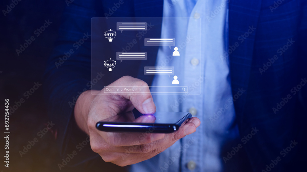 Poster businessman using for digital chatbot, robot application, conversation assistant, ai artificial inte