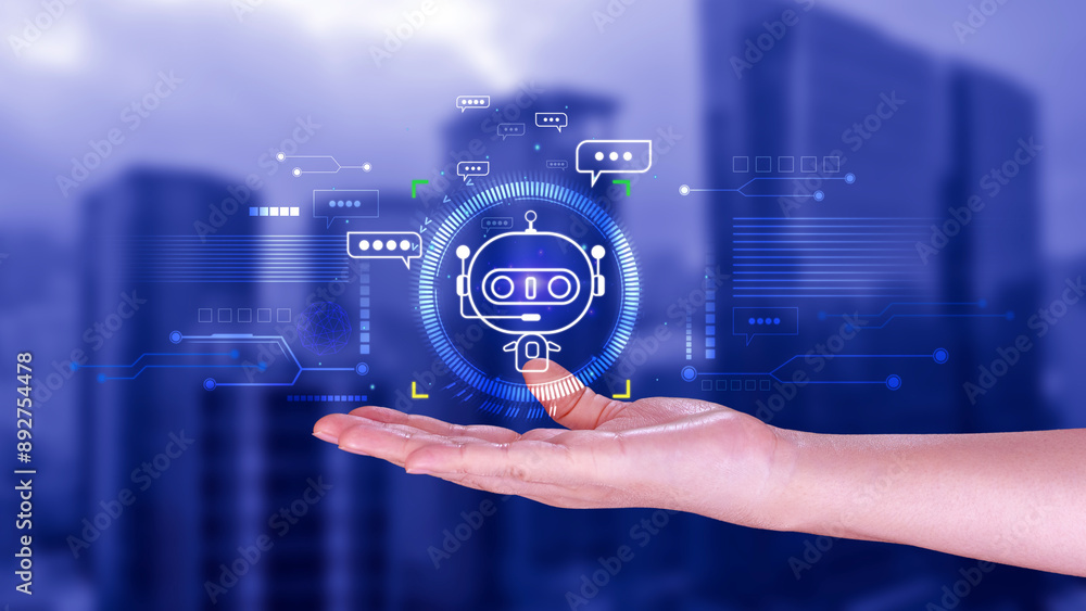 Poster businessman using for digital chatbot, robot application, conversation assistant, ai artificial inte