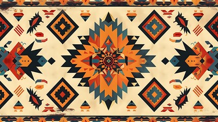 A detailed geometric pattern with bold Hispanic cultural motifs