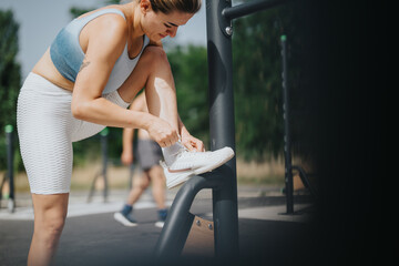 Woman tying her shoes at an outdoor workout park, getting ready for a fitness training session in nature.