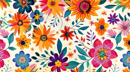 A seamless pattern of colorful floral motifs representing Hispanic heritage