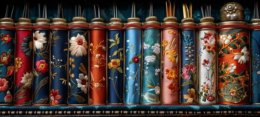 Fototapeta premium Colorful and ornate pipes lined up in a row, showcasing intricate designs and vibrant hues.