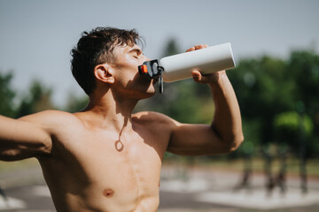 Athletic man hydrating by drinking water from a bottle during an outdoor workout in the summer. Fit...