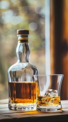 A bottle of whiskey next to a glass of whiskey Suitable for alcohol and beverage themes