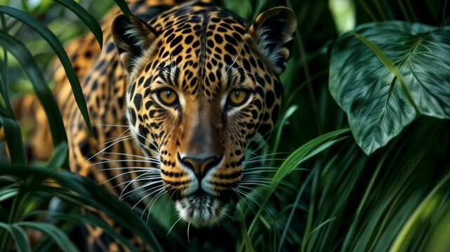 A leopard hides in the foliage of a tropical jungle, its yellow eyes peering out at the viewer