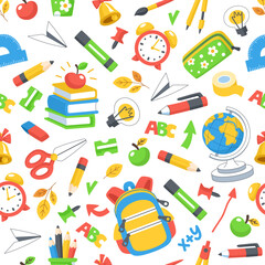 Back to school seamless pattern. Background of school supplies - backpack, books, stationery and more.