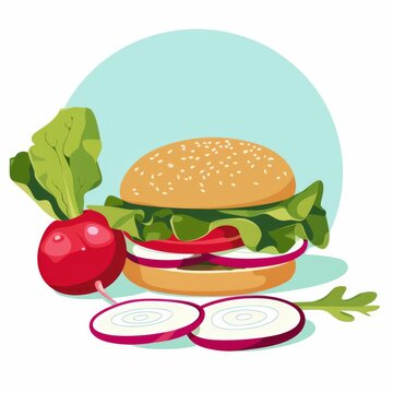 burger with radish and lettuce on white