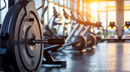 Fototapeta premium Imagine an image with gym weights on a floor surrounded by industrial elements like old wooden and steel ship machinery, wheels, and factory tools The scene blends modern fitness with antique industri