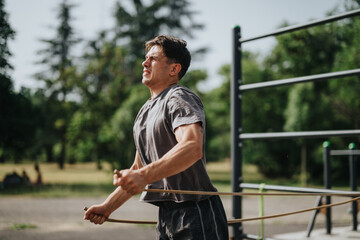 Man doing calisthenics workout with a jump rope in an outdoor park setting, showcasing dedication and fitness.