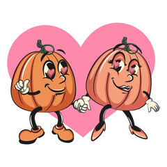 Fototapeta premium couple characters of pumpkins cartoon vector isolated clip art mascot illustration love each other and holding hands, work of hand drawn