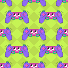 Seamless pattern with a cute joysticks gamepad on a green background with rhombus. Video Game Controller. Vector illustration in flat style.