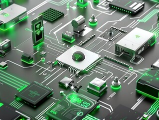 Sophisticated Abstract Silver and Green Technology Background with IoT Device Elements in a Smart Home Environment, Ideal for Advanced Communication and Innovation Themes