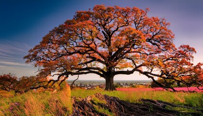  A large tree with vibrant red leaves stands prominently on a sunny autumn day. The tree's br