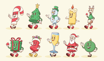 Groovy Christmas Retro Characters Set. Cartoon Santa, Tree, Reindeer, Snowman and Gift. Vector Winter Holiday Mascot Templates. Happy Vintage Cool New Year Personage Illustrations Collection Isolated