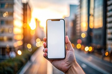 Hand Holding Smartphone with Blank Screen in City - Urban Technology Concept
