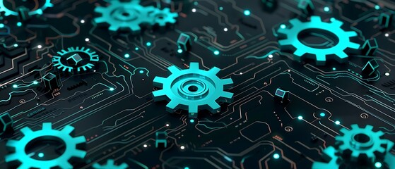 Sophisticated Futuristic Digital Technology Background Featuring Teal Gears and Cogs on Black, Perfect for Advanced Mechanical Innovation