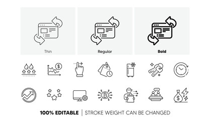 Refrigerator, Food delivery and Bitcoin system line icons. Pack of Refresh website, Electricity price, Dollar rate icon. Time management, Touchscreen gesture, Monitor settings pictogram. Vector