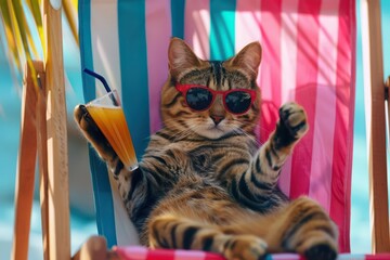 A closeup half body of charismatic cat lounging in a beach chair, wearing sunglasses and holding a summer drink, colorful Strange Bizarre sharpen blur background with copy space