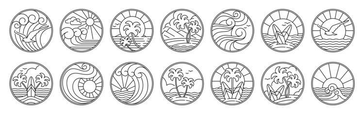 Surf icons. Beach club logo. California or Hawaii sun island. Line sea waves and simple summer surfboard. Ocean sunset. Surfing symbols. Tropical palms. Vector graphic round badges set