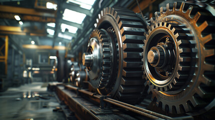 Fototapeta premium Industrial gears on assembly line in factory