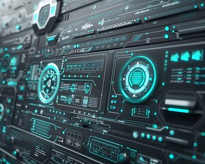 Sophisticated Grey and Turquoise Tech Background with Sleek Virtual Interface Elements, Perfect for Advanced Communication and Innovation Concepts