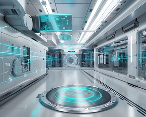 Sophisticated Grey and Turquoise Tech Background with Sleek Virtual Interface Elements in a Medical Research Facility, Perfect for Advanced Communication and Innovation Concepts