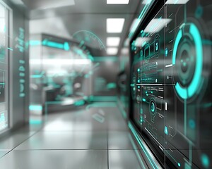 Sophisticated Grey and Turquoise Tech Background with Sleek Virtual Interface Elements in a Virtual Office, Perfect for Advanced Communication and Innovation Concepts