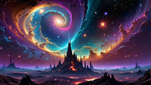 Magic castle in cosmic galaxy world. Glowing universe, star light, nebulae, supernova shining, cloudy vortex. Night galaxy space, portal to outer space. Fantasy illustration