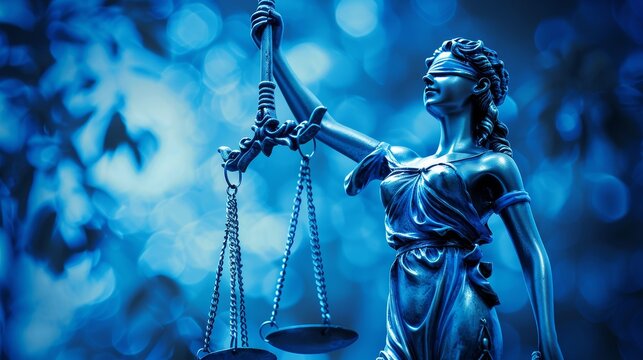 Lady Justice Statue with Blue Bokeh Background. Balance and authority
