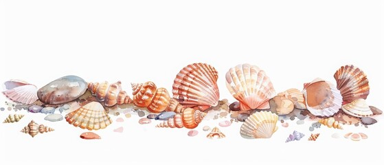 A kawaii watercolor of seashells scattered on the beach, isolated minimal with white background