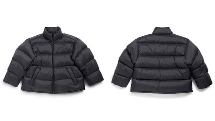 Front and back closeup views of black ripstop puffer jackets, isolated on white background. © Carterson