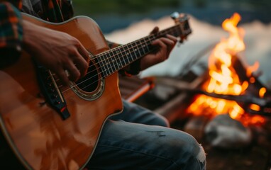 Fototapeta premium Person playing an acoustic guitar by a campfire near a tranquil lake at dusk.