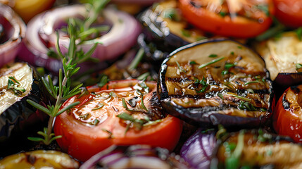 Fototapeta premium Gourmet Grilled Vegetables: Closeup of Tasty Vegan Dinner with Eggplant and Onion
