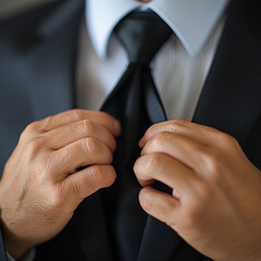 Man adjusting black tie in business attire