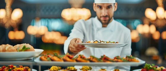 A chef presenting a banquet spread, each dish bursting with flavor, beautifully decorated hall, realistic photo, high resolution