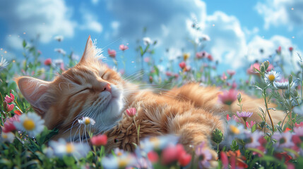 realistic cat enjoying life and sunbathing in a field, extremely cute face