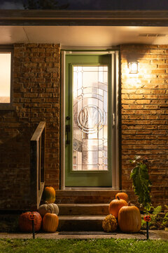 Decorated front porch at Halloween time