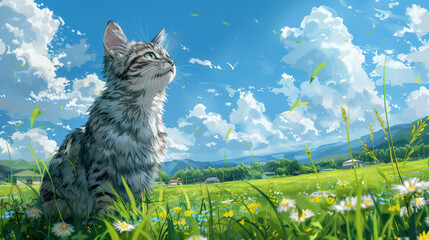 realistic oil painting inspired landscape artwork showing a grey cat