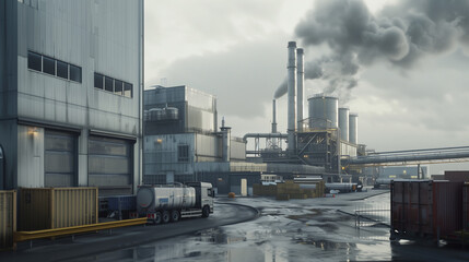 Obraz premium Industrial factory exterior with smokestacks and containers