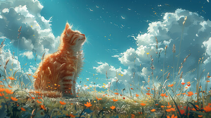 cute young little orange cat doing sunbathing, lovely oil painting artwork